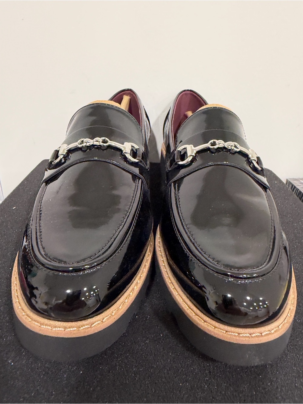 Franco Sarto Black Patent Leather Bit Loafers with Tan Welt With Box